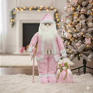 Boneco Papai Noel Rosa em Pé 65cm de Pelúcia – Decoração de Natal Luxo Charmosa e Sofisticada
