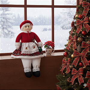 Mamãe Noel Sentada Artesanal 55cm com Roupa Xadrez – Decoração de Natal Elegante e Aconchegante