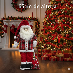 Papai Noel em Pé 65cm de Pelúcia Xadrez – Decoração de Natal Artesanal Tradicional e Elegante