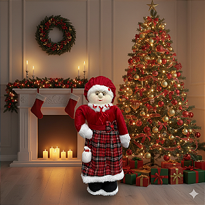 Boneco Mamãe Noel em Pé 65cm de Pelúcia Xadrez – Decoração de Natal Artesanal, Tradicional e Encantadora