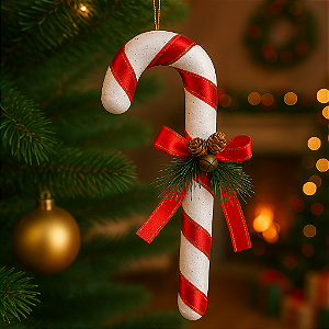 PENDENTE NATAL BENGALA COM PINHA + GUIZO 30CM - ENFEITE NATALINO RIO MASTER