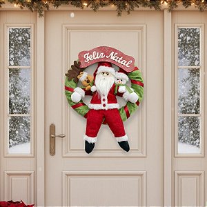 Guirlanda aro 30cm com Papai Noel + Rena + Boneco de Neve Pelúcia- Decoração Natal Luxo