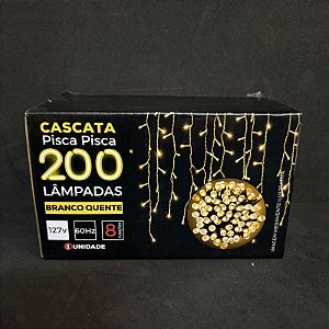 Cascata de Luzes LED Natal 100 ou 200 LEDs 8 Funções Fio Transparente 127V - Branco Quente, Frio e Colorido