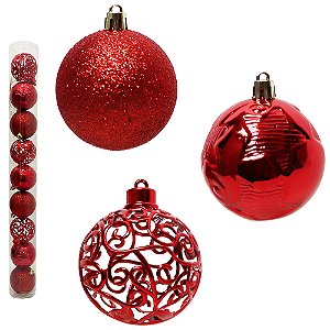 BOLA NATAL MISTA GLITTER ESTRELA ALTO RELEVO ARABESCO VAZADO Vermelha 9 PCS 6CM RIO MASTER