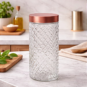 POTE DE VIDRO REDONDO C/TP. DE METAL ROSE GOLD 1,6 L - 22,5x10cm