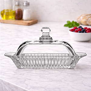 MANTEIGUEIRA DE VIDRO RETANGULAR COM TAMPA. 17X10,7X9CM