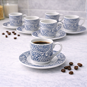 JOGO DE XÍCARAS DE PORCELANA COM PIRES PARA CAFÉ BLUE FLORAL – 12 PEÇAS | 90ML – LYOR