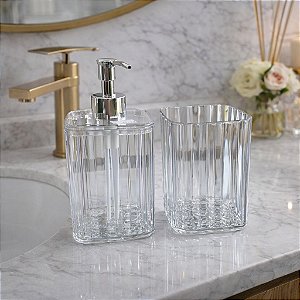 Kit Banheiro 2 Peças Clink 480ml Porta Sabonete Líquido Plástico PET PP Moderno