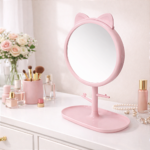 ESPELHO DE MESA REDONDO COM BASE PORTA JOIAS + PENTE E 2 GANCHOS DE PLASTICO GATINHO