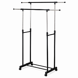 Arara de Roupas Dupla de Ferro e Aço Inox com Rodinhas e Sapateira Inferior – Ajustável 140x42x160