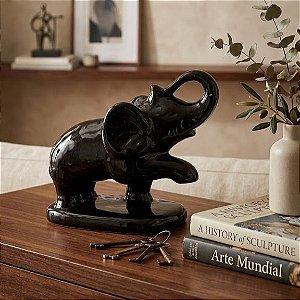Elefante Preto Esmaltado Cerâmica Decoração Sala Escritório 17x17cm