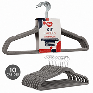 Kit 10 Cabides Aveludados Antideslizantes Cinza 44,5cm