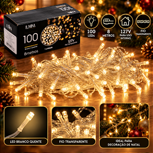 Pisca-Pisca 100 LEDs Branco Quente 127V 8 Funções 8 Metros