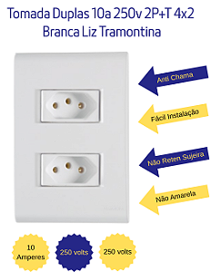 Tomada Dupla 10A 250V 2P+T 4x2 Branca Liz Tramontina