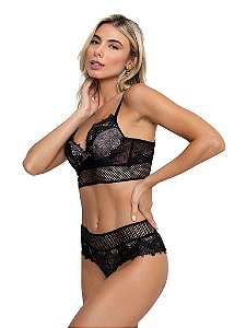 Conjunto Sutiã Triângulo Tule e Calcinha Caleçon Renda Comfort Elegance