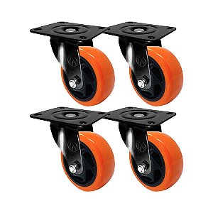 KIT 4 UN RODA RODÍZIO GIRATÓRIO PVC LARANJA 2 POL 50MM MÓVEL