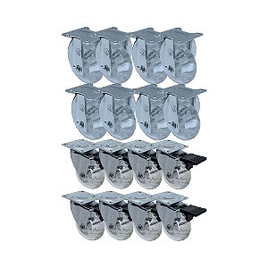 KIT 16 UN RODA RODÍZIO FIXO E GIRATÓRIO FREIO GEL 3 POL 75MM