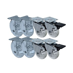 KIT 8 UN RODA RODÍZIO FIXO E GIRATÓRIO FREIO GEL 3 POL 75MM