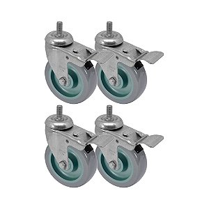 KIT 4 UN RODA RODÍZIO GIRATÓRIO ROSCA FREIO TRAVA PVC BP 3"