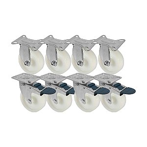 KIT 8 UN RODA RODÍZIO FIXO GIRATÓRIO FREIO NYLON 4 POL 100MM