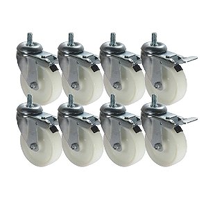 KIT 8 UN RODA RODÍZIO GIRATÓRIO ROSCA FREIO TRAVA NYLON 5"