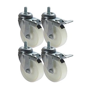 KIT 4 UN RODA RODÍZIO GIRATÓRIO ROSCA FREIO TRAVA NYLON 5"