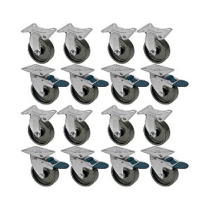 KIT 16 UN RODA RODÍZIO FIXO GIRATÓRIO FREIO POLIPROPILENO 3"