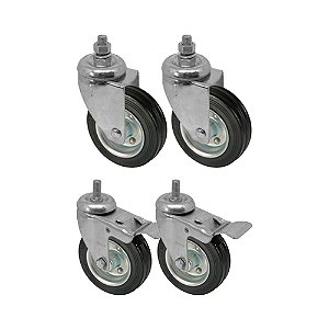 KIT 4 UN RODA RODÍZIO ROSCA GIRATÓRIO TRAVA BORRACHA 3 POLEGADAS