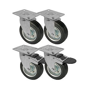 KIT 4 UN RODA RODÍZIO GIRATÓRIO TRAVA BORRACHA MACIÇA 3 POL