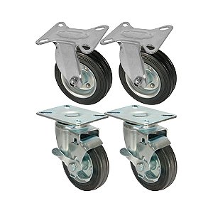 KIT 4 UN RODA RODÍZIO FIXO GIRATÓRIO FREIO BORRACHA 3 POLEGADAS