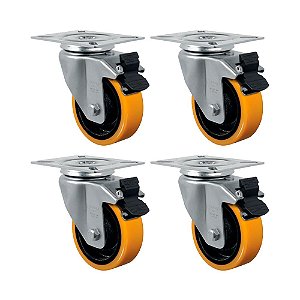 KIT 4 UN RODA RODÍZIO GIRATÓRIO FREIO 4" PU MOLDADO GL414PNG