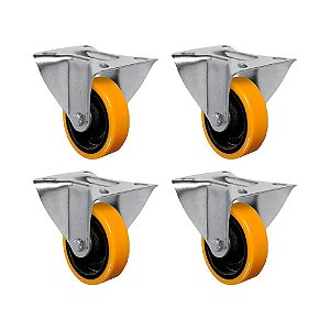 KIT 4 UN RODA RODÍZIO FIXO 4" PU MOLDADO FERRO FL414PN 300KG