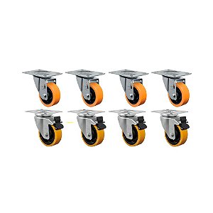 KIT 8UN RODÍZIO GIRATÓRIO FREIO 3" POLIURETANO MOLDADO 170KG