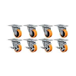 KIT 8UN RODÍZIO GIRATÓRIO FREIO 3" POLIURETANO MOLDADO 170KG