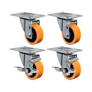 KIT 4UN RODÍZIO GIRATÓRIO FREIO 3" POLIURETANO MOLDADO 170KG
