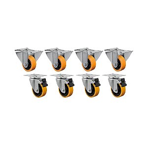 KIT 8 UN RODÍZIO FIXO GIRATÓRIO FREIO 3" PU MOLDADO 170KG