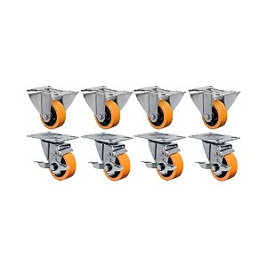 KIT 8 UN RODÍZIO FIXO GIRATÓRIO FREIO 3" PU MOLDADO 170KG