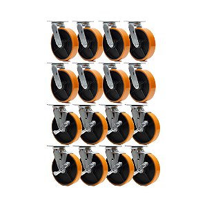 KIT 16 UN RODA RODÍZIO GIRATÓRIO FREIO POLIURETANO FERRO 8"