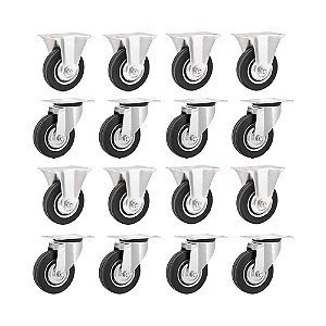 KIT 16 UN RODÍZIO FIXO GIRATÓRIO BORRACHA PRETA 8 203MM