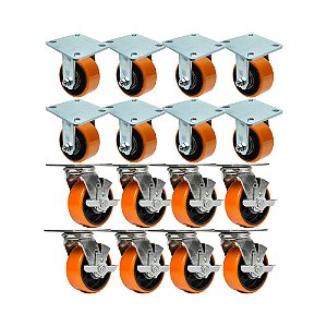 KIT 16 UN RODÍZIO FIXO GIRATÓRIO FREIO POLIURETANO FERRO 4"