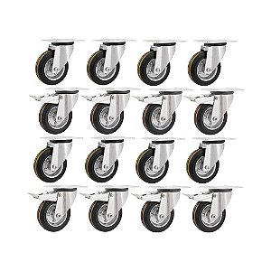 KIT 16 UN RODÍZIO GIRATÓRIO FREIO BORRACHA PRETA 4" 101MM