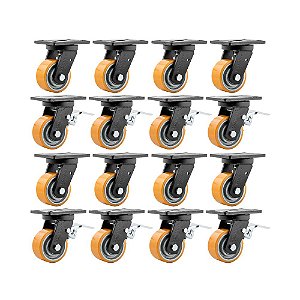KIT 16 UN RODÍZIO RODA GIRATÓRIO FREIO POLIURETANO 4" 101MM