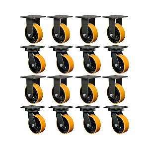 KIT 16UN RODÍZIO FIXO GIRATÓRIO 8" PU MOLDADO FERRO MX 900KG