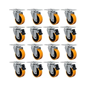 KIT 16UN RODÍZIO FIXO GIRATÓRIO FREIO 6" PU MOLDADO 300KG