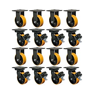 KIT 16UN RODÍZIO FIXO GIRATÓRIO FREIO 8" PU MOLDADO MX 900KG