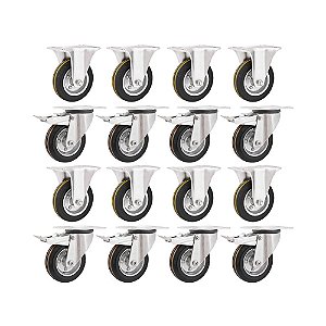KIT 16UN RODÍZIO FIXO GIRATÓRIO FREIO BORRACHA PRETA4" 101MM