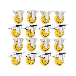 KIT 16UN RODÍZIO RODA FIXO GIRATÓRIO FREIO PVC AMARELA 3''