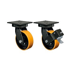 KIT 2UN RODÍZIO GIRATÓRIO FREIO 8" PU MOLDADO FERRO MX 900KG