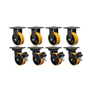 KIT 8 UN RODÍZIO FIXO GIRATÓRIO FREIO 6" PU MOLDADO MX 700KG