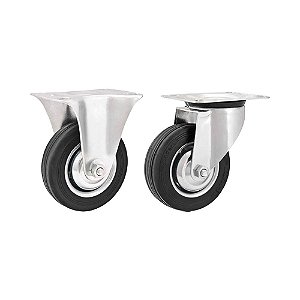 KIT 2 UN RODÍZIO FIXO GIRATÓRIO BORRACHA PRETA 4" 101MM 60KG